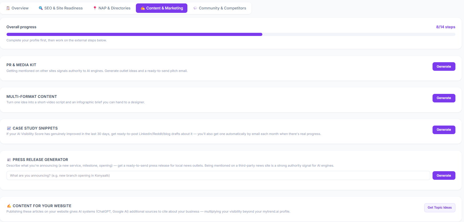 Content and Marketing tab