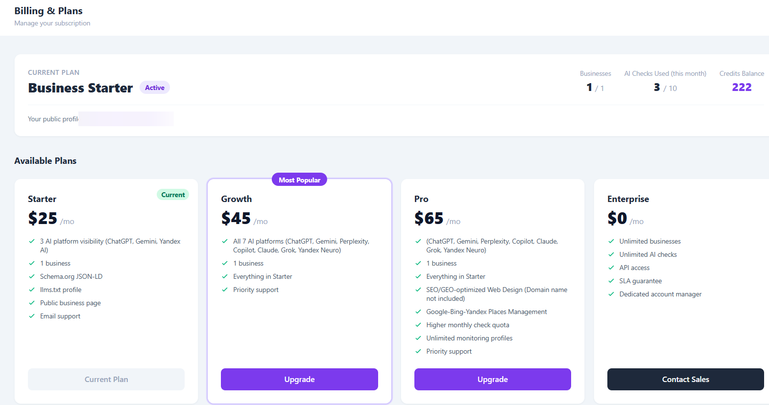 Billing and Plans page
