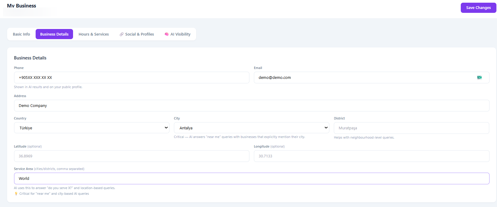 Business Details tab