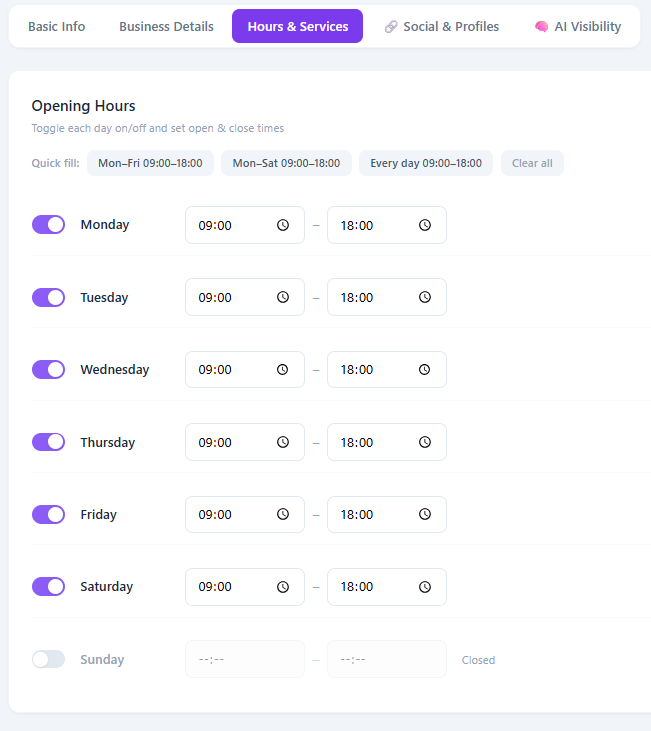 Hours & Services tab